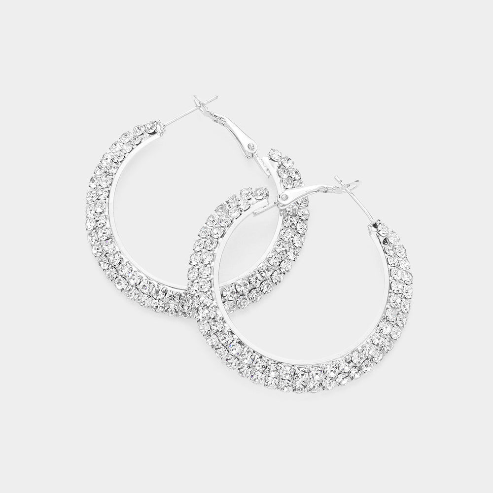 1.6" Hoop Silver Clear Rhinestone Earrings