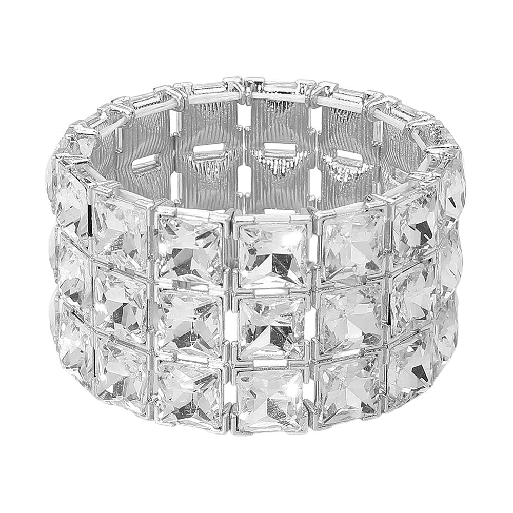 3 Row Square Stone Silver Clear Rhinestone Stretch Bracelet