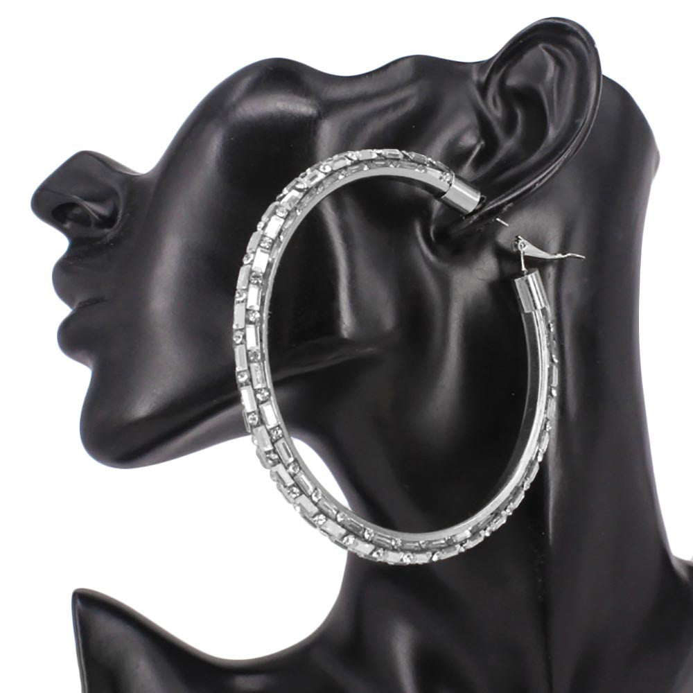 XL Baguette Embellished Hoop Silver Clear Rhinestone Earrings