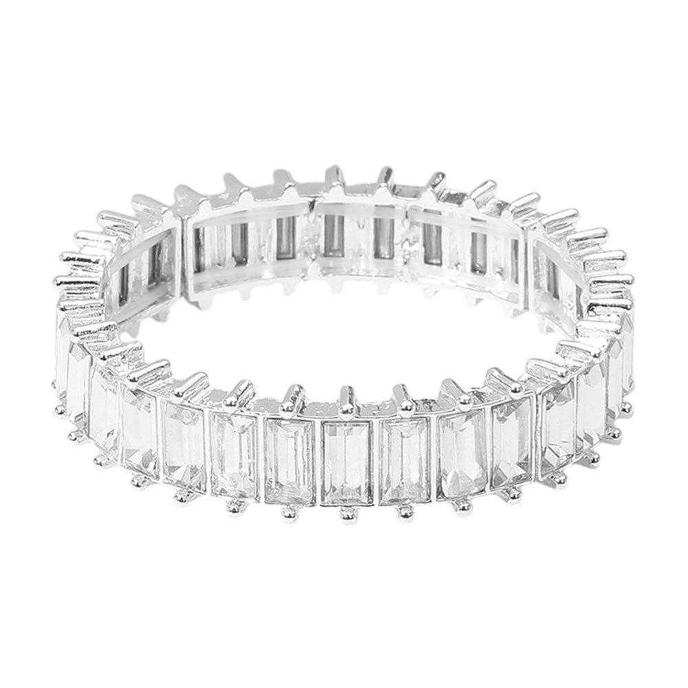 Baguette Stone Cluster Silver Clear Rhinestone Stretch Bracelet