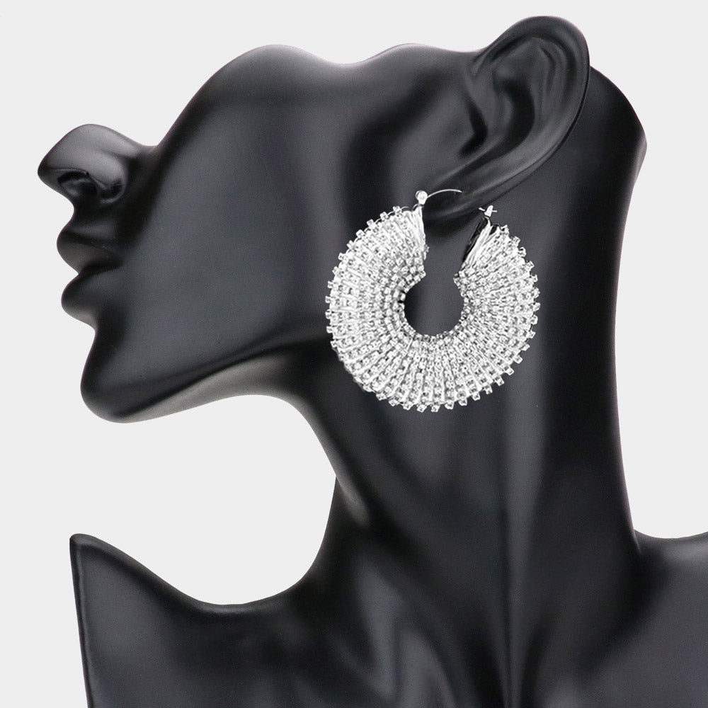 Cluster Embellished Chunky Hoop Silver Clear Rhinestone Earrings