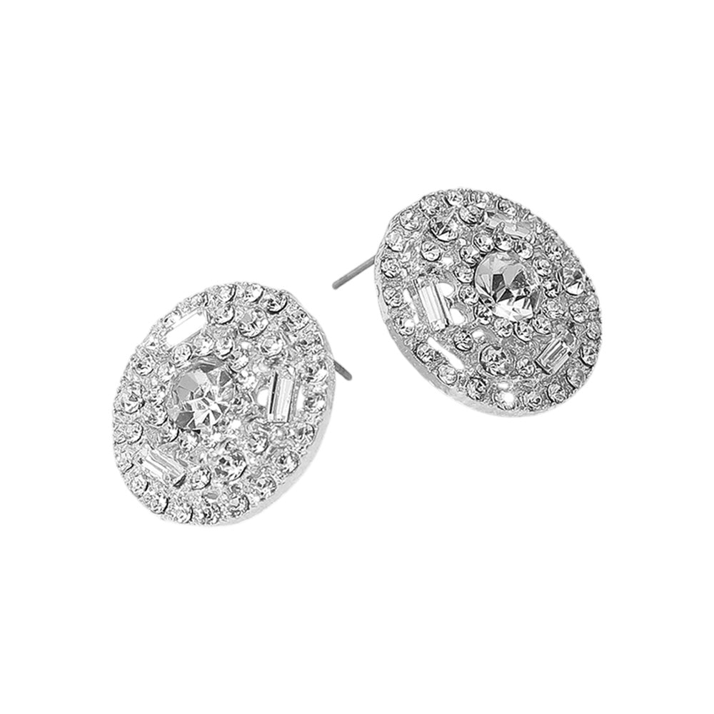 Embellished Round Stud Silver Clear Rhinestone Earrings