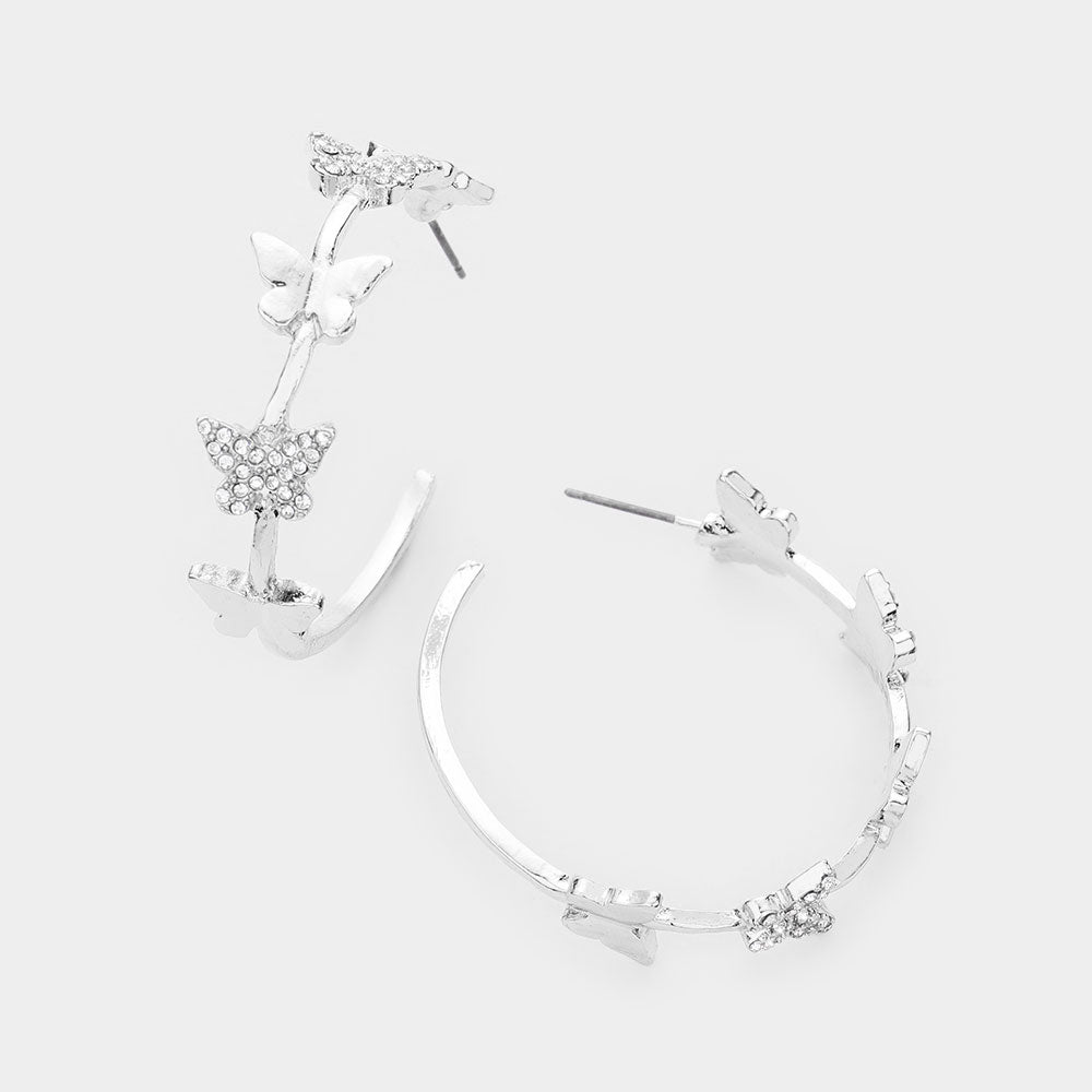 EmpowHER Hoop Silver Clear Buttefly Rhinestone Earrings