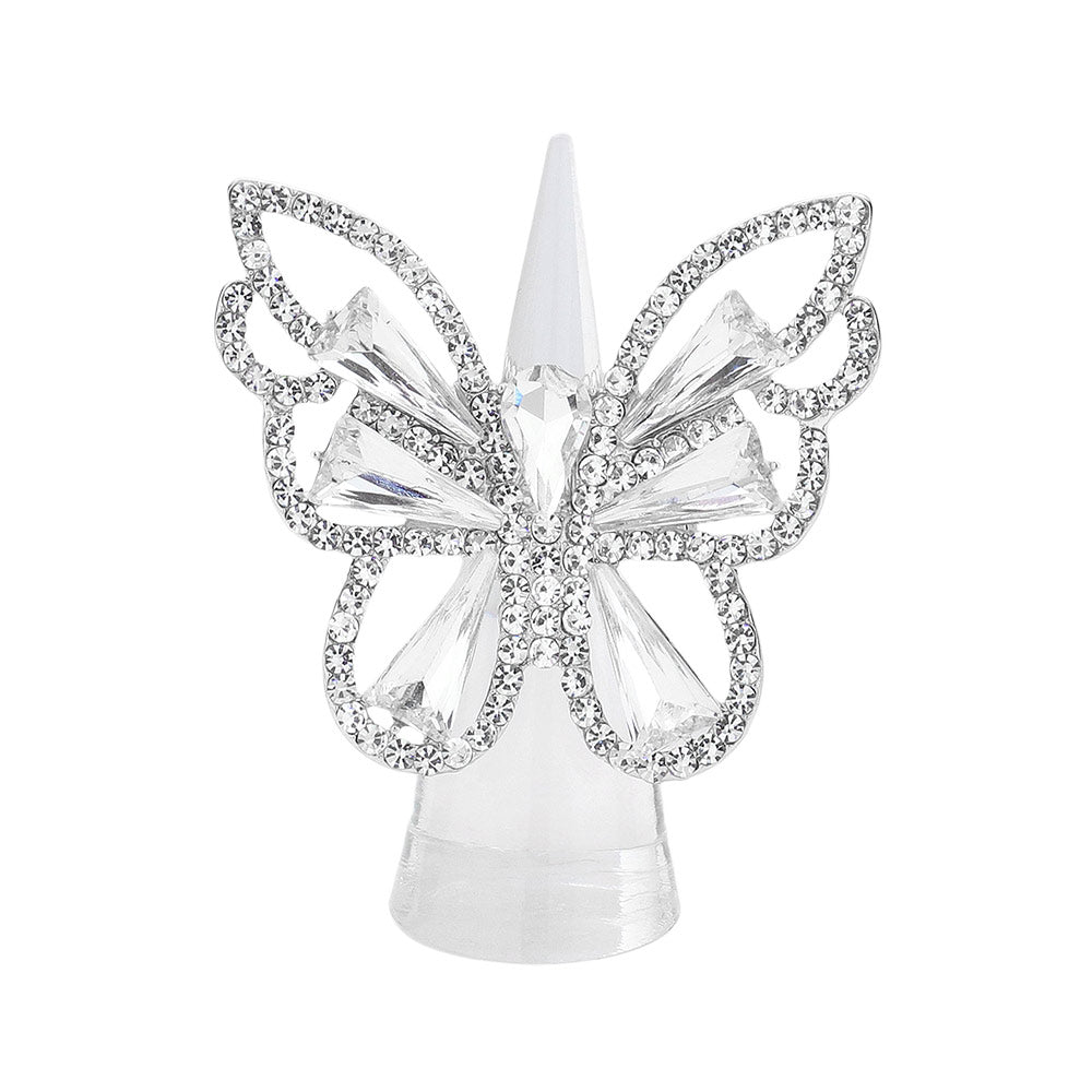 EmpowHER Silver Clear Butterfly Rhinestone Stretch Ring