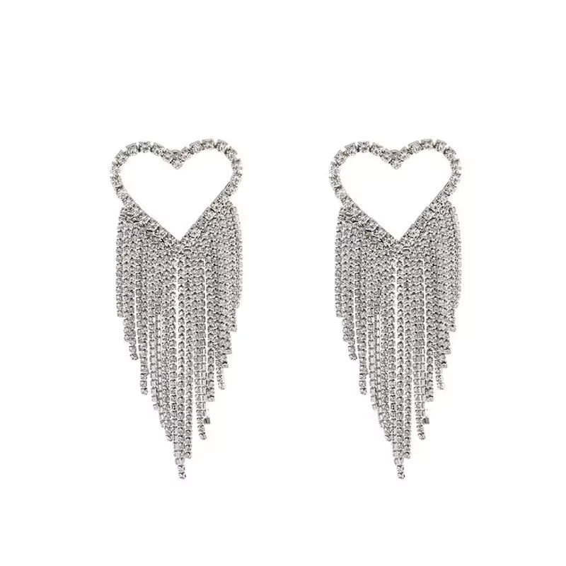 Heart Tassel Silver Clear Rhinestone Earrings