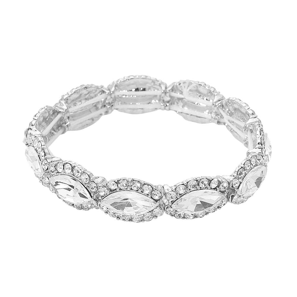 Marquise Stone Beaded Silver Clear Rhinestone Stretch Bracelet