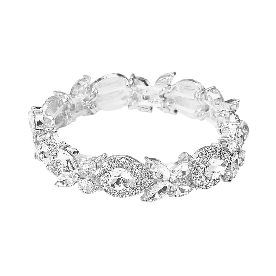 Marquise Teardrop Cluster Silver Clear Rhinestone Stretch Bracelet