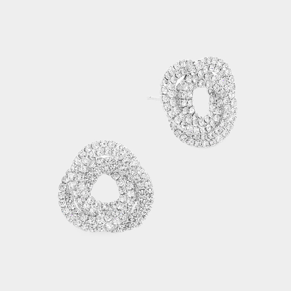 Pave Knot Stud Silver Clear Rhinestone Earrings