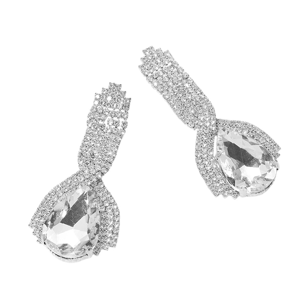 Teardrop Fringe Silver Clear Rhinestone Earrings