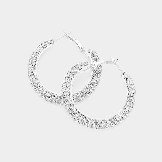 1.6" Hoop Silver Clear Rhinestone Earrings