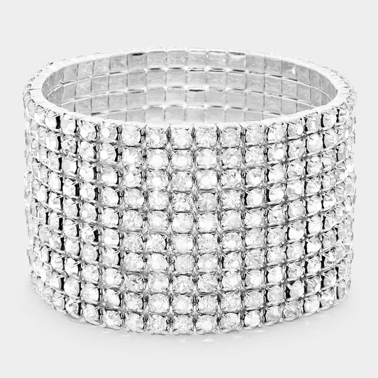 10 Row Silver Clear Rhinestone Stretch Bracelet