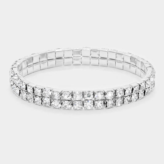 2 Row Silver Clear Rhinestone Stretch Bracelet