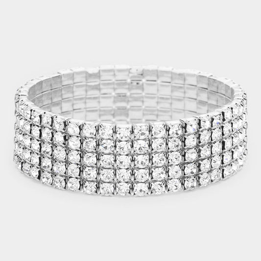 5 Row Silver Clear Rhinestone Stretch Bracelet