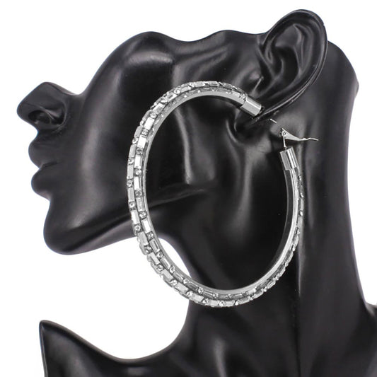 XL Baguette Embellished Hoop Silver Clear Rhinestone Earrings