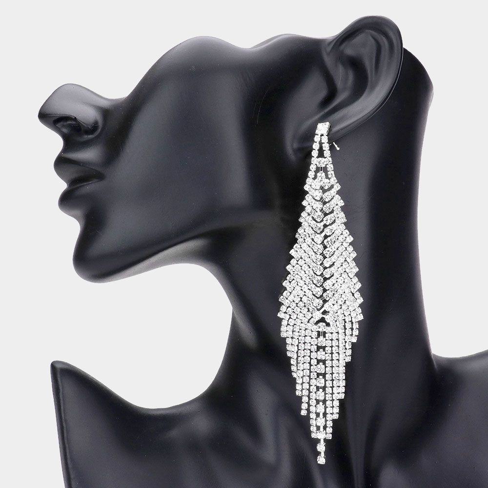 Crystal Fringe Silver Clear Rhinestone Earrings