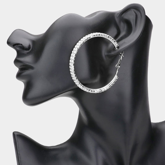 Embellished Metal Hoop Silver Clear Rhinestone Earrings
