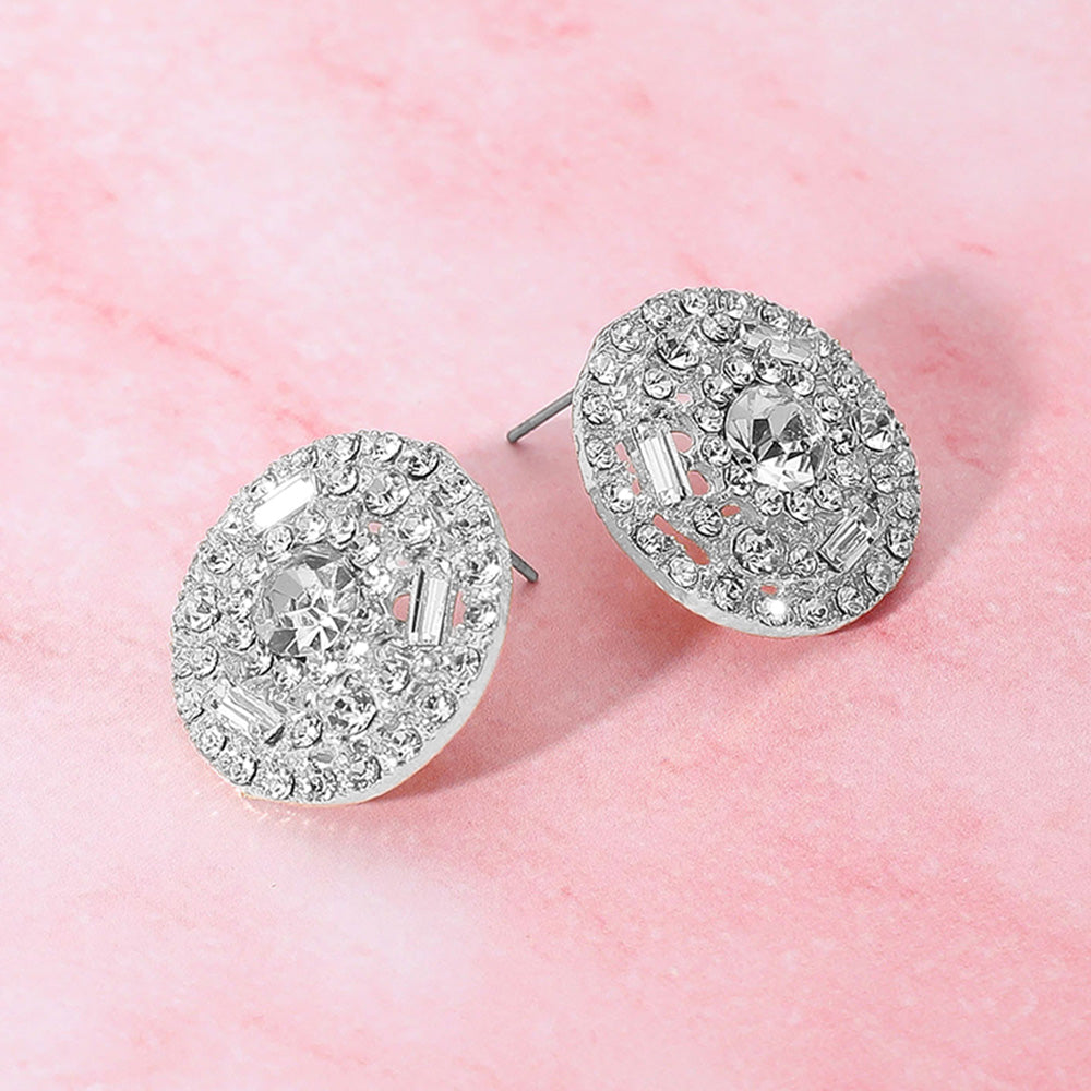 Embellished Round Stud Silver Clear Rhinestone Earrings