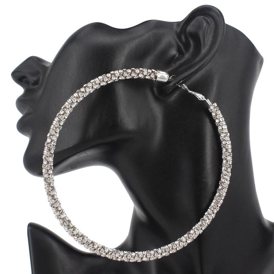 XL Embellished Hoop Silver Clear Rhinestone Earrings