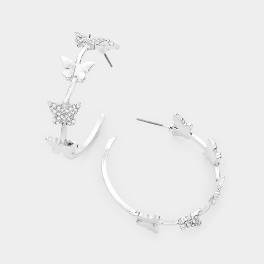 EmpowHER Hoop Silver Clear Buttefly Rhinestone Earrings