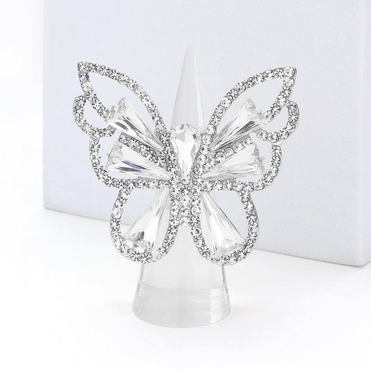 EmpowHER Silver Clear Butterfly Rhinestone Stretch Ring