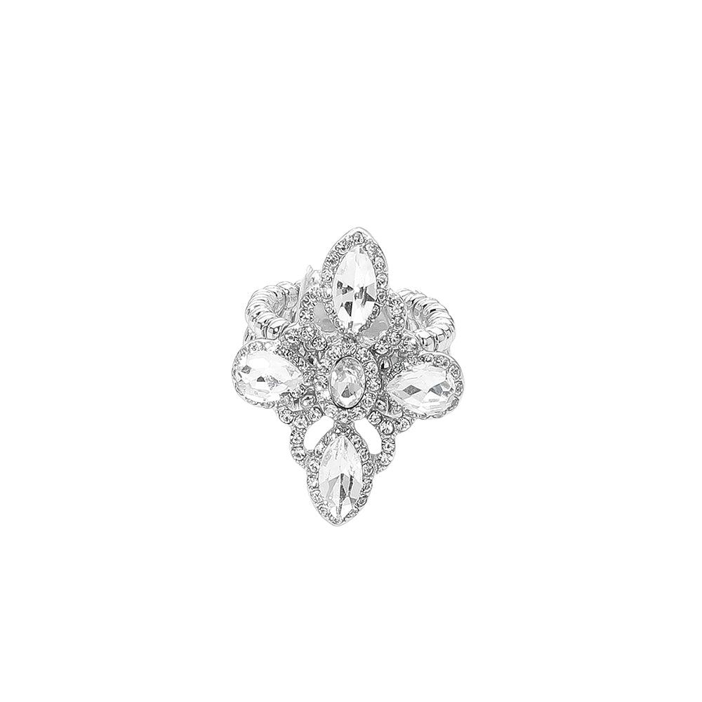 Floral Marquise Oval Silver Clear Rhinestone Stretch Ring