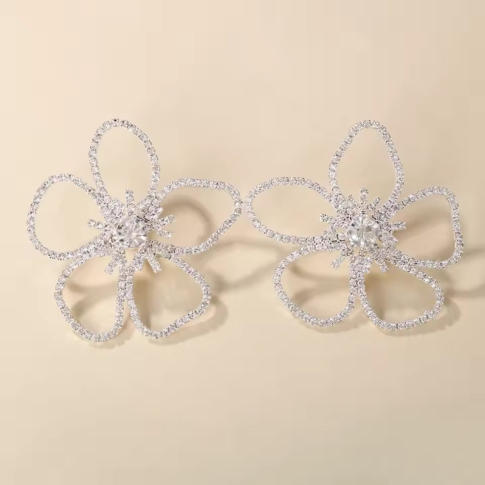 Geometric Flower Silver Clear Rhinestone Earrings