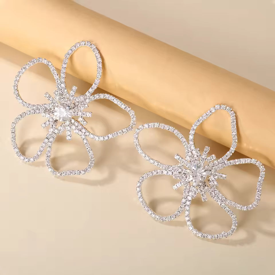 Geometric Flower Silver Clear Rhinestone Earrings