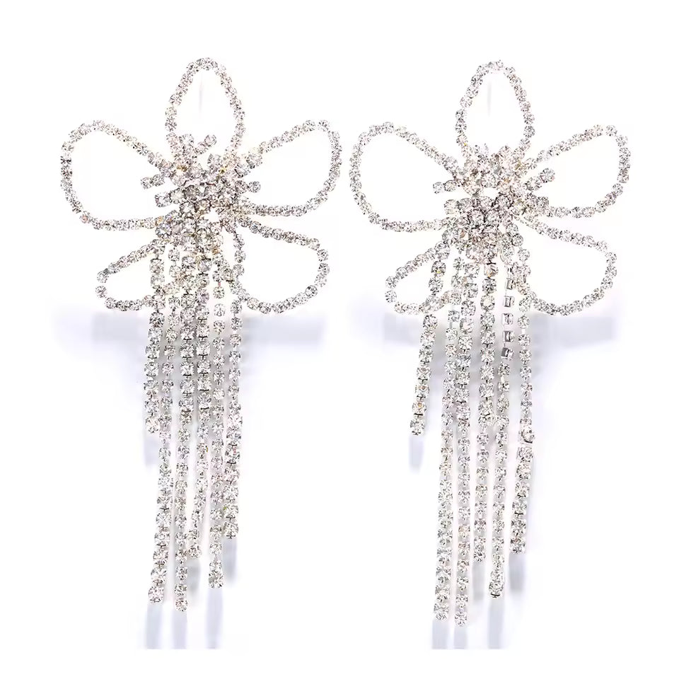 Geometric Flower Tassel Silver Clear Rhinestone Earrings