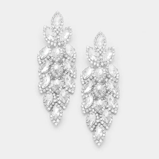 Leaf Cluster Marquise Silver Clear Rhinestone Earrings