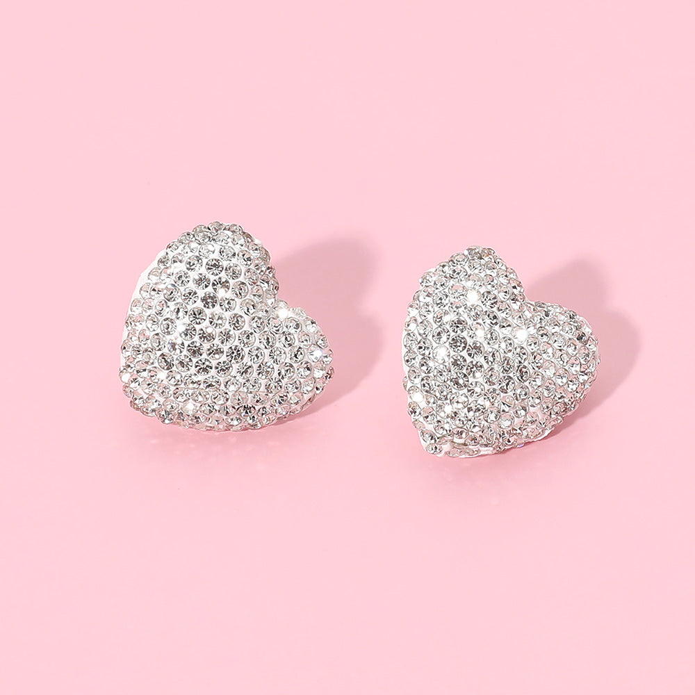 Medium Pave Heart Stud Silver Clear Rhinestone Earrings