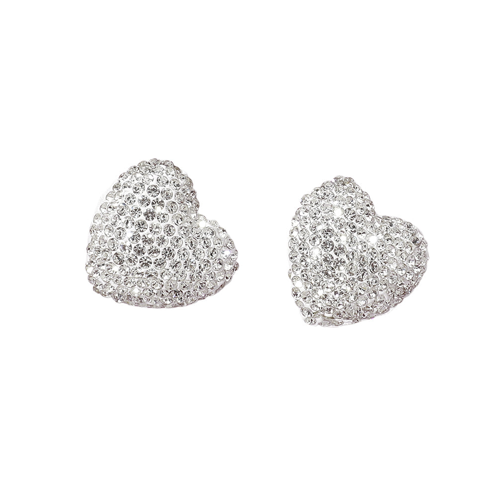 Medium Pave Heart Stud Silver Clear Rhinestone Earrings