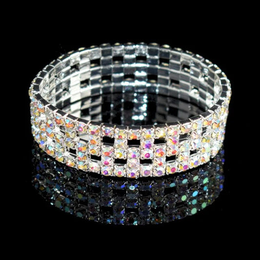 Mesh Checkerboard AB Silver Rhinestone Stretch Bracelet (Thin)