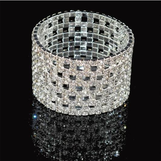 Mesh Checkerboard Silver Clear Rhinestone Stretch Bracelet