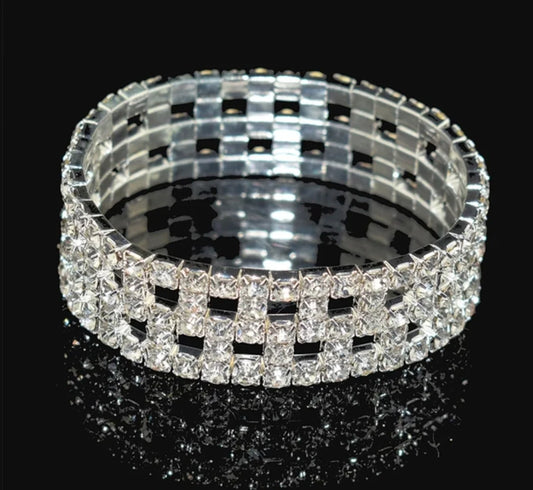 Mesh Checkerboard Silver Clear Rhinestone Stretch Bracelet (Thin)