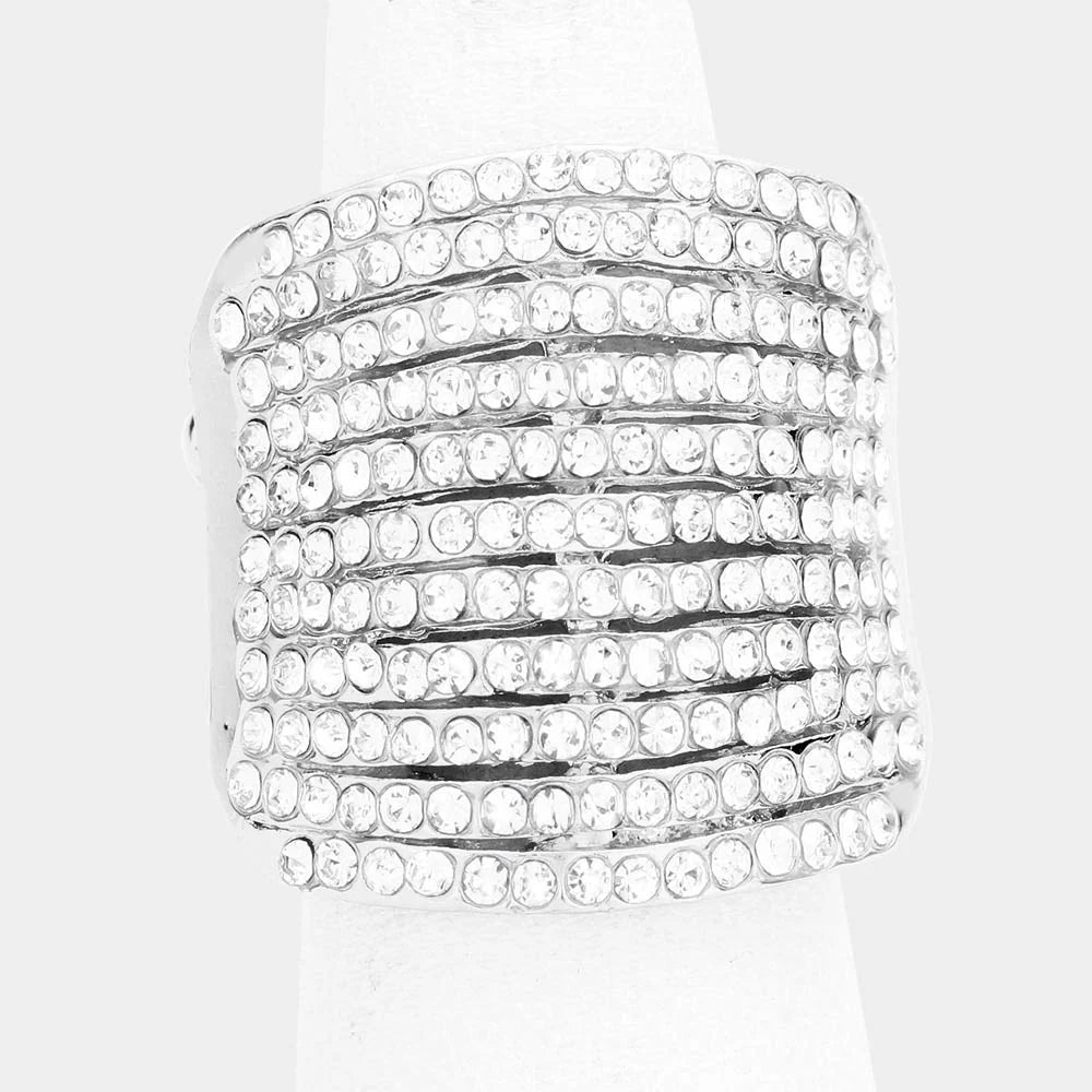 Multi-Row Silver Clear Rhinestone Stretch Ring