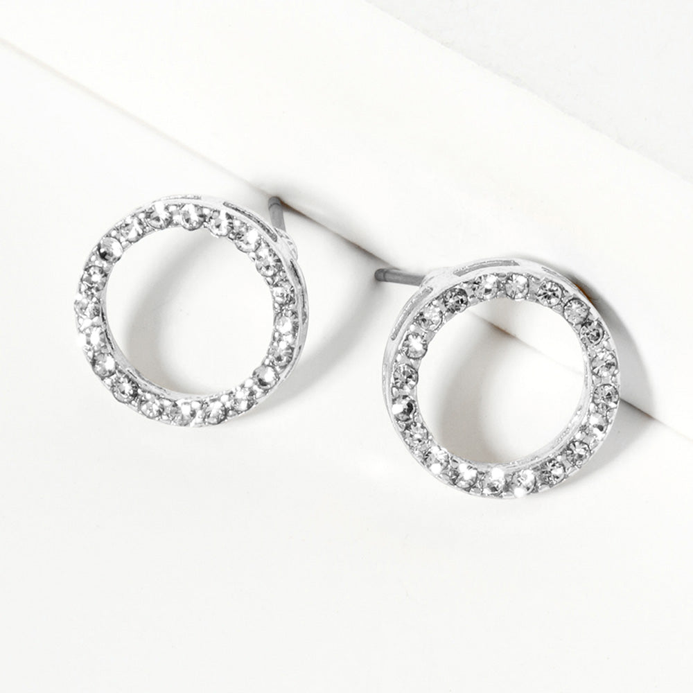Open Circle Stud Silver Clear Rhinestone Earrings