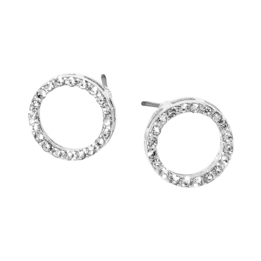 Open Circle Stud Silver Clear Rhinestone Earrings