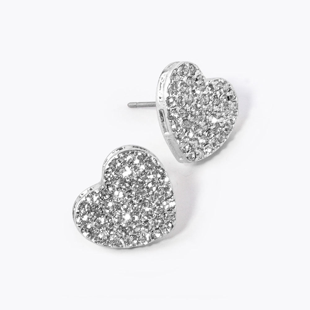 Pave Heart Stud Silver Clear Rhinestone Earrings