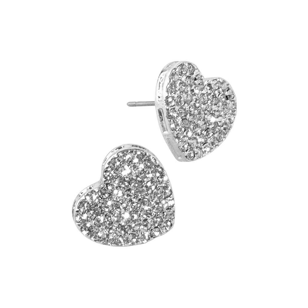 Pave Heart Stud Silver Clear Rhinestone Earrings