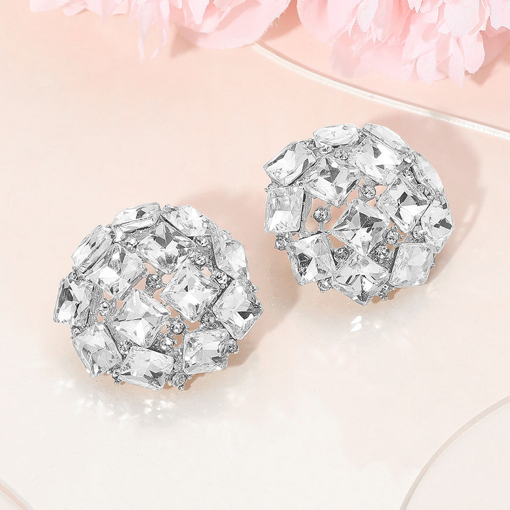 Square Stone Embellished Dome Silver Clear Rhinestone Earrings
