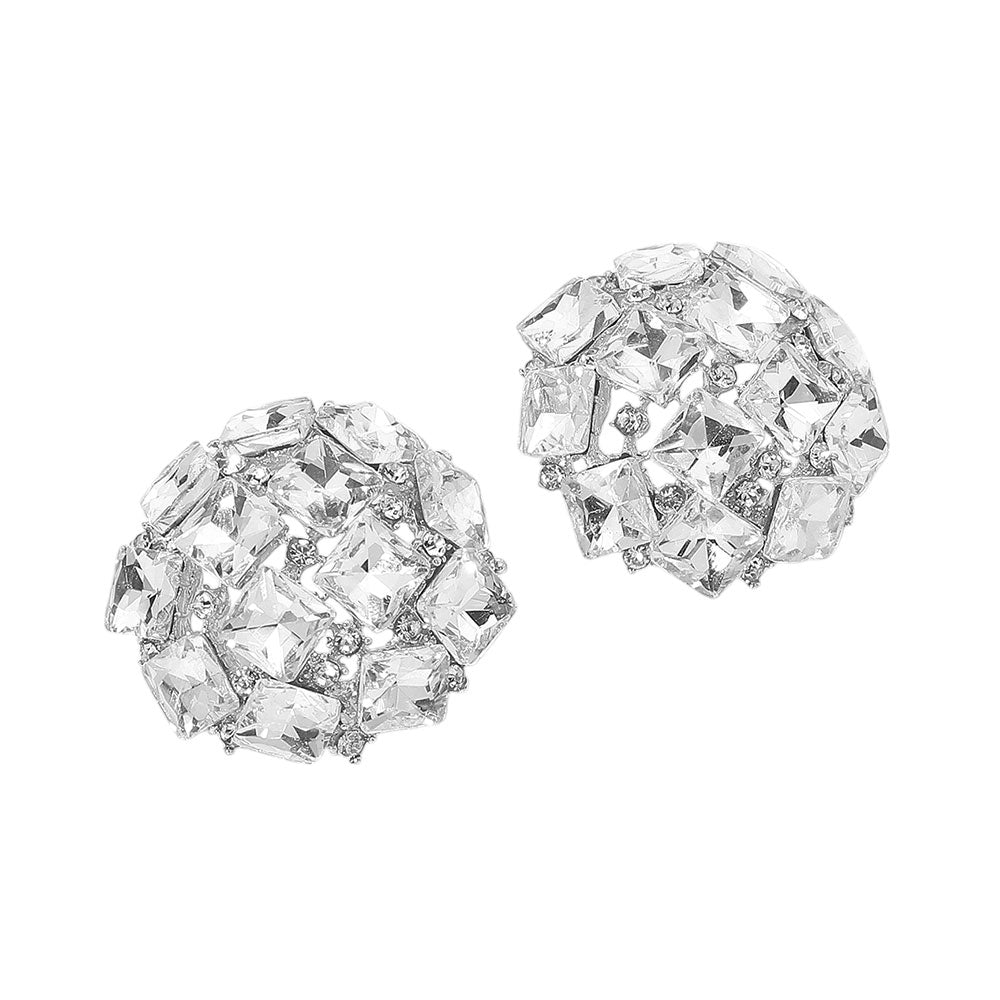 Square Stone Embellished Dome Silver Clear Rhinestone Earrings
